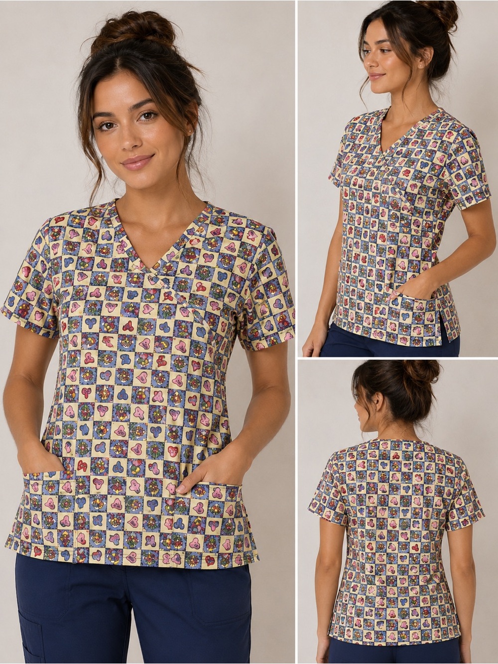 Colorful Heart Pattern Scrub Top